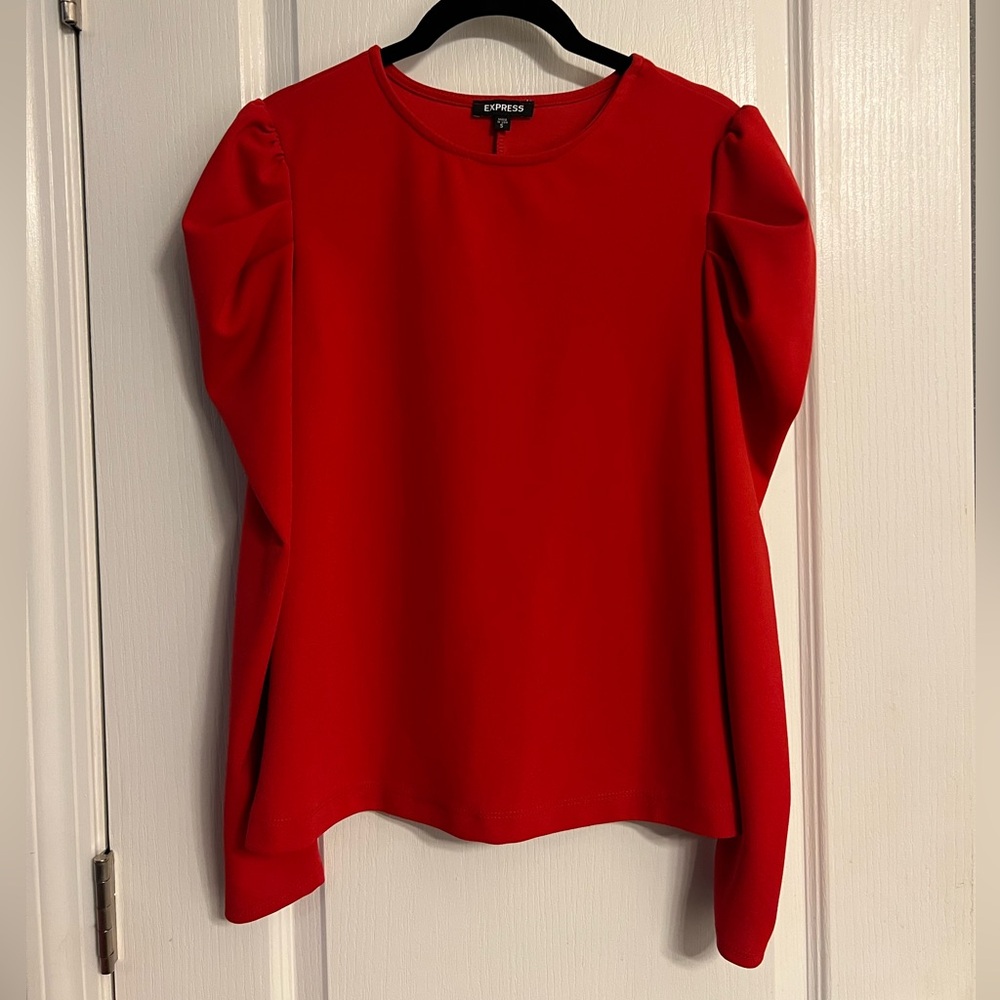 EXPRESS Crew Neck Puff Long Sleeve Tee SMALL Lipstick Red Blouse Top - Picture 11 of 13